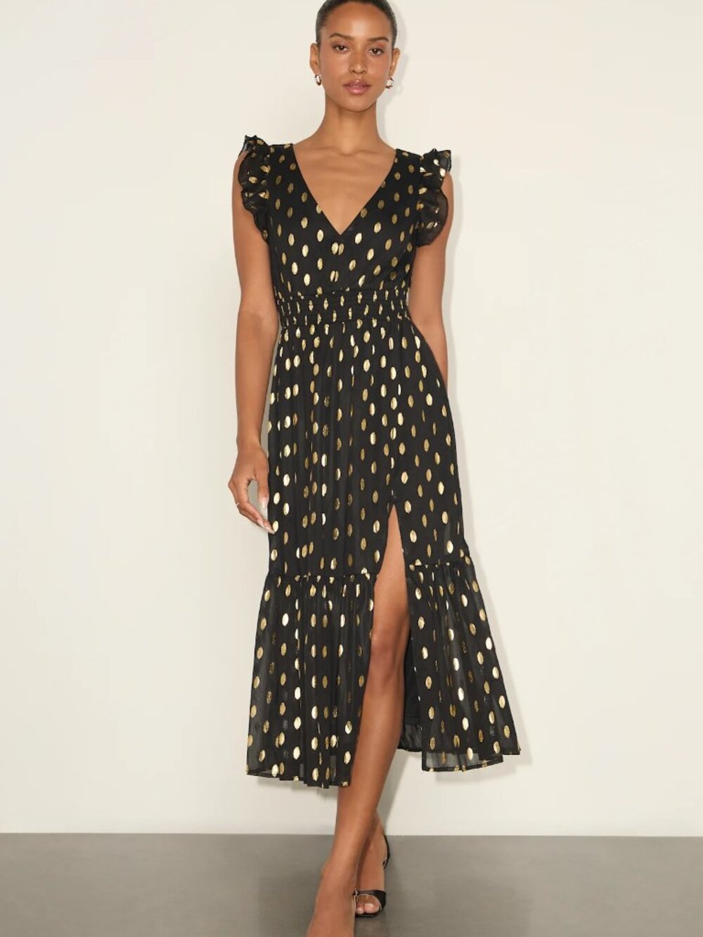 Size S - Black and Gold Dot Ruffled Tiered Midi Dress